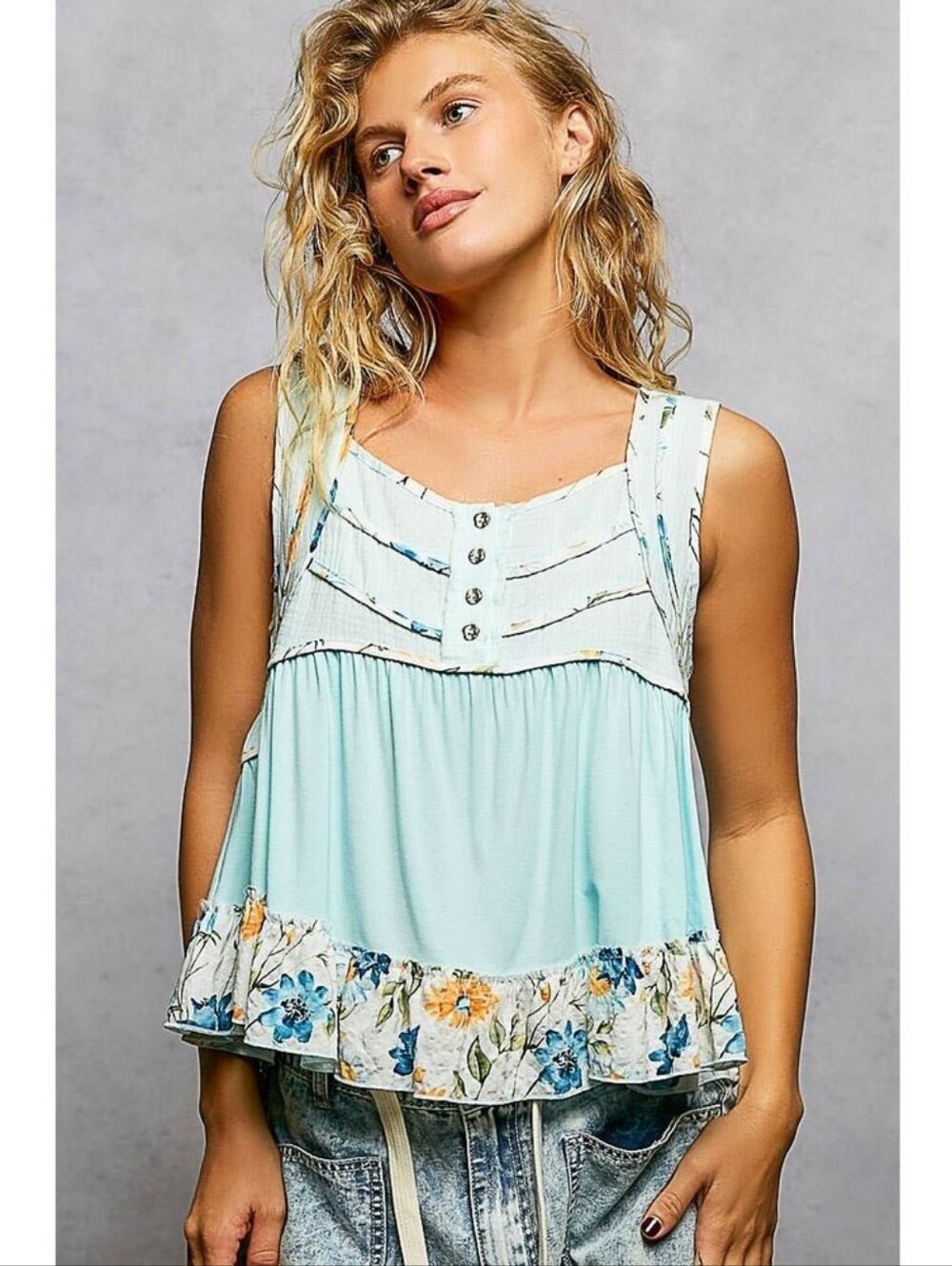POL "Jersey" Square Neck Floral Trim Sleeveless Tank Top Blouse Sky Blue, S,M - Picture 2 of 5